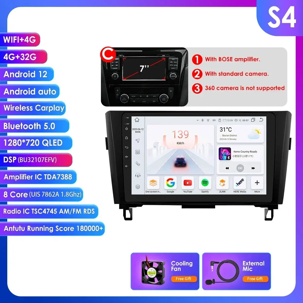 Nissan X-Trail Xtrail X Trail 3 T32 Qashqai 2 J11 2014-2018  10" Android 14 Carplay Android auto wireless wifi bt gps 4g AUTMSINJ11