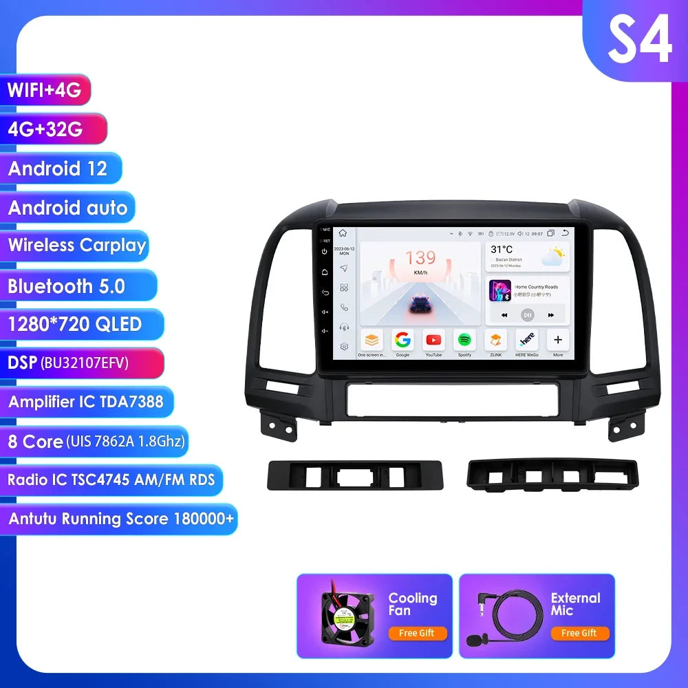 Hyundai Santa Fe 2 2006 - 2012 9" Android 14 Carplay Android auto wireless wifi bt gps 4g  AUTMC8Y7