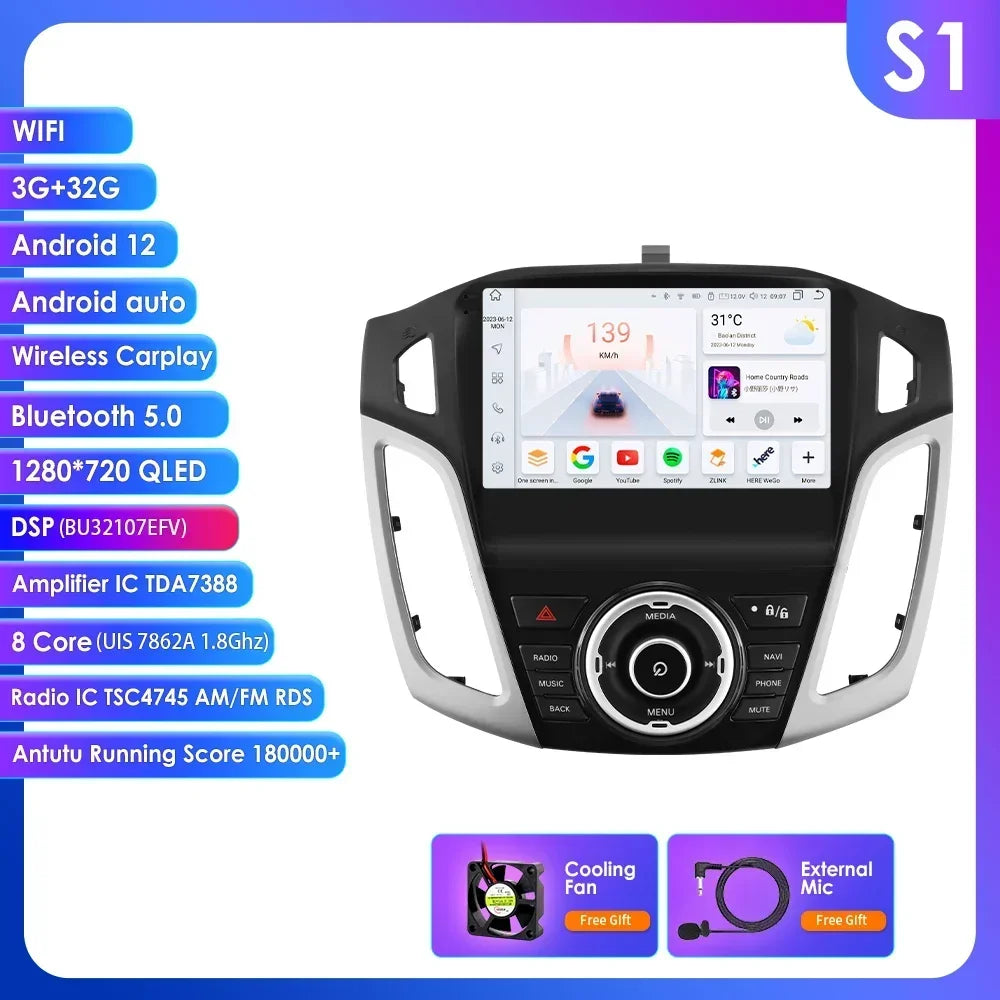 Ford Focus 3 Mk 3 2011 - 2019 9" Android 14 Carplay Android auto wireless wifi bt gps 4g  AUTMSYSF