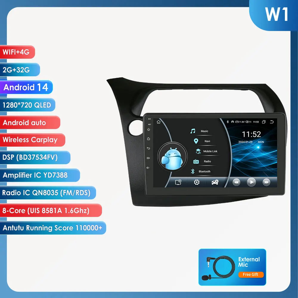 Honda Civic Hatchback 2005-2011 9" Android 14 Carplay Android auto wireless wifi bt gps 4g AUTMKCHCA