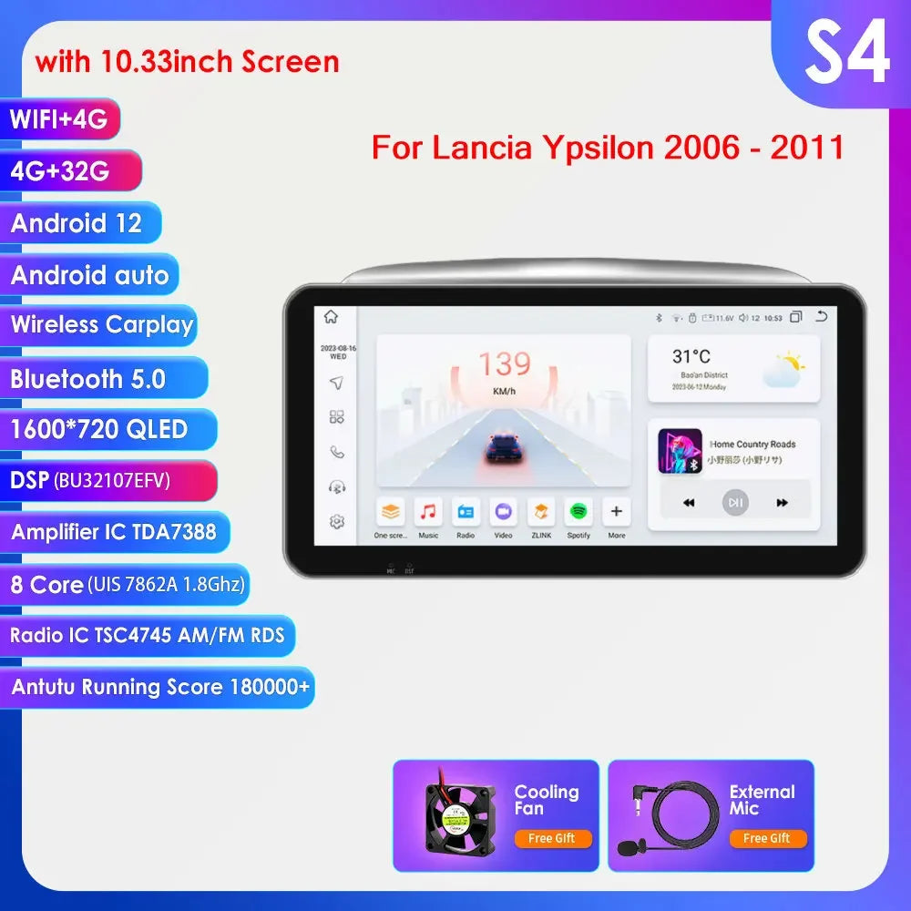 Lancia Ypsilon 2006 - 2011 9" / 10,33" Android 14 Carplay Android auto wireless wifi bt gps 4g  AUTMNYFZ