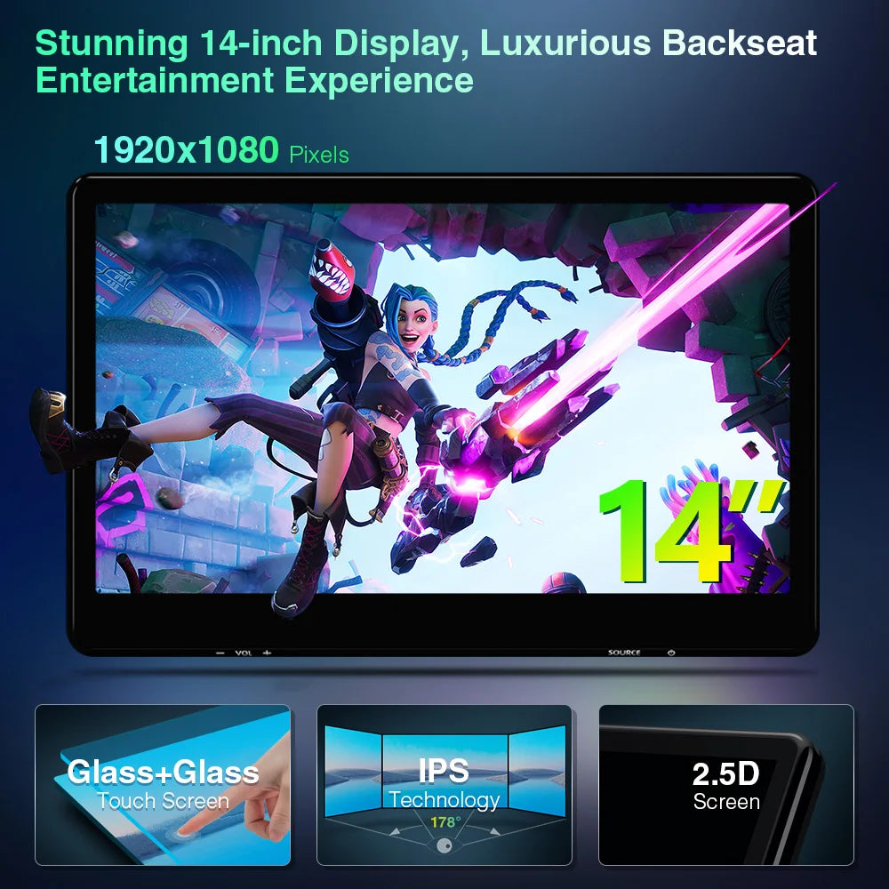 14 "Monitor Poggiatesta Android 11 Car TV   Completamente laminato HD IPS 1920*1080 Pixel Supporta Video UHD 4K  HDMI Doppi altoparlanti HM142A