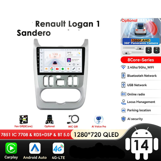Dacia Logan I Sandero 2009-2015 9" Android 14 Carplay Android auto wireless wifi bt gps 4g  AUTMVG9Z