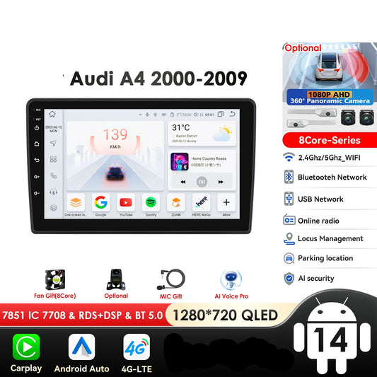 Audi A4 2000-2009 S4 B6 B7 RS4 Seat Exeo 9" Android 14 Carplay Android auto wireless wifi bt gps 4g AUTMPZ5Q