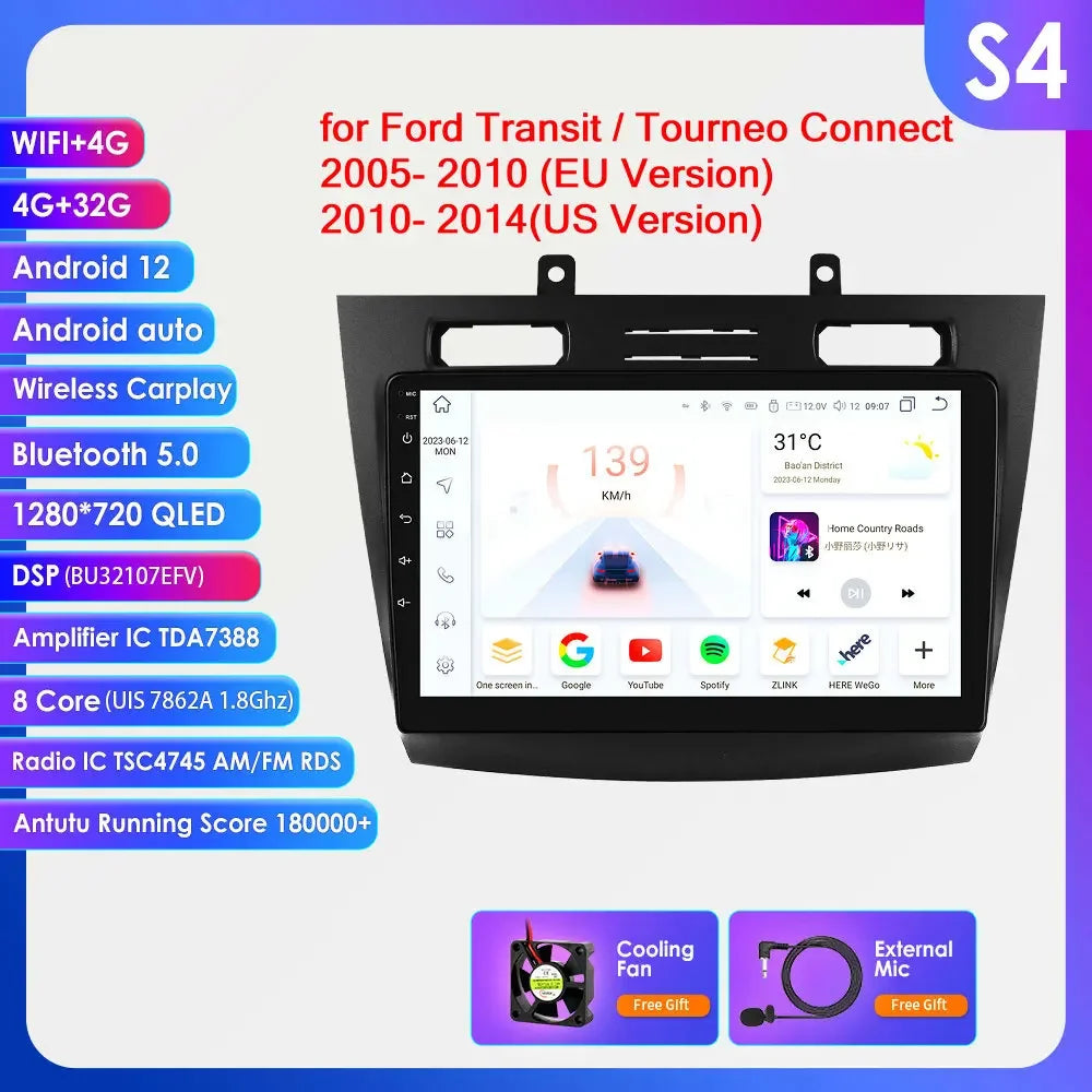Ford Transit Tourneo Connect  2005 - 2014  9" Android 14 Carplay Android auto wireless wifi bt gps 4g  AUTMC11Z