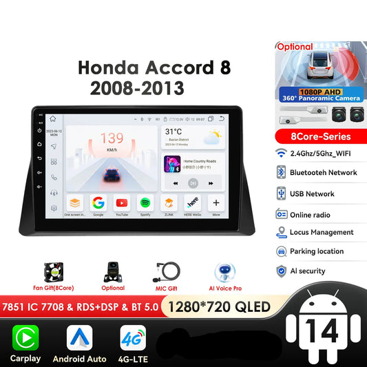 Honda Accord 8 2008-2013 9'' Android 14 Carplay Android auto wireless wifi bt gps 4g AUTMACCHDR