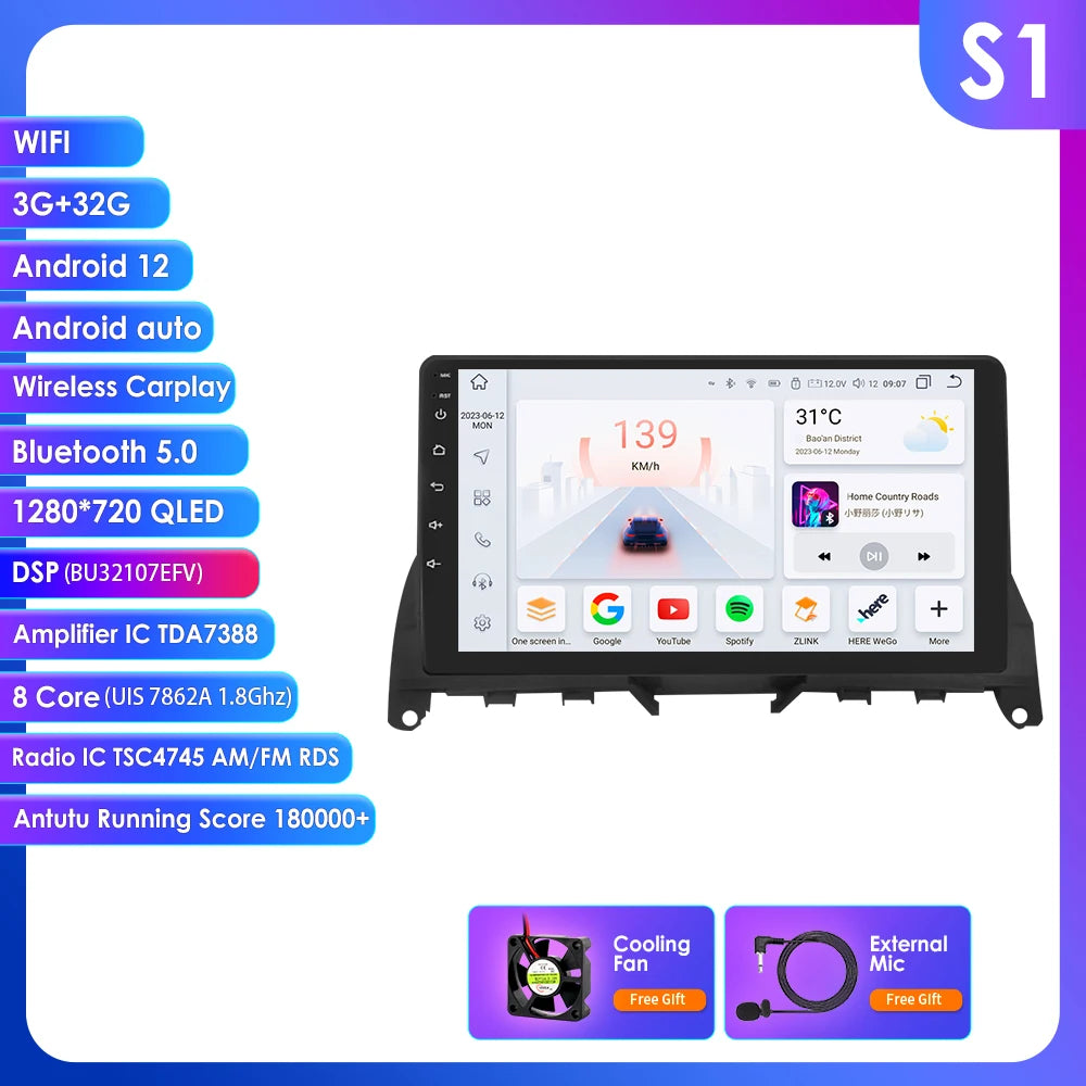 Mercedes Benz C-Class W204 S204 2007 - 2010 9" Android 14 Carplay Android auto wireless wifi bt gps 4g AUTMJ8L7