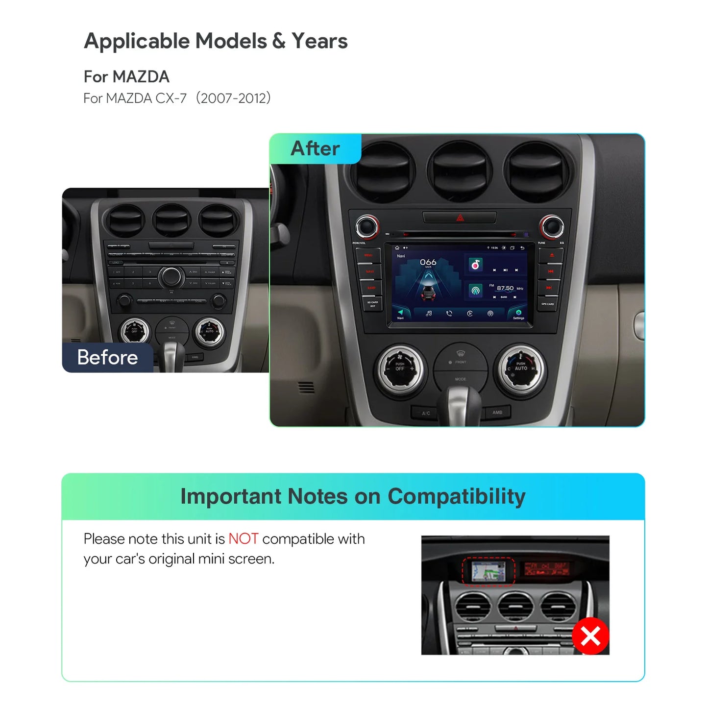 Mazda CX-7 2007 -2012 7'' Android 13 Octa Core 4+64GB Car DVD Multimedia Player DSP CarPlay android auto  4G IA72CX7MS
