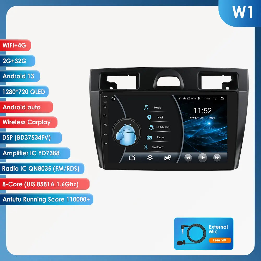 Ford Fiesta Mk VI 5 Mk5 2002 - 2008 9" Android 14 Carplay Android auto wireless wifi bt gps 4g  AUTMRL7L