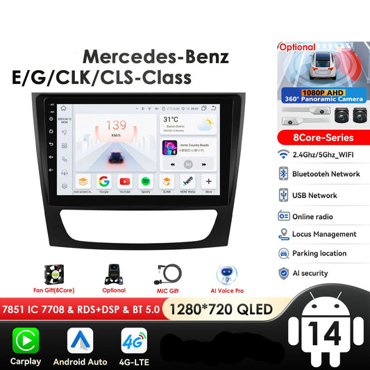 Mercedes Benz E-Class W211 E200 E220 E300 E350 E240 E270 E280 CLS W219 55 C W463 CLK 9" Android 14 Carplay Android auto wireless wifi bt gps 4g AUTMPAP0