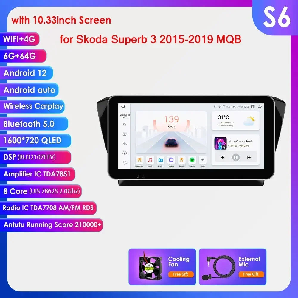 Skoda Superb 3 2015 - 2019 10,1" / 10,33" Android 14 Carplay Android auto wireless wifi bt gps 4g  AUTM1J1R