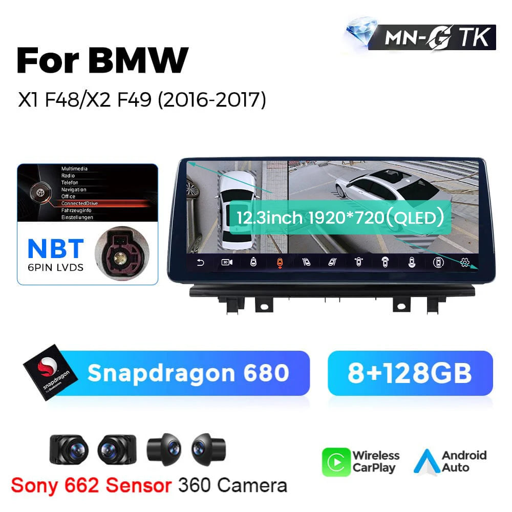 BMW X1 X2 F48 F49 F39 2016-2020 NBT EVO 10,25"  Qualcomm 668/680 Wireless CarPlay Android Auto  Multimedia   HD 1920*720 QLED Dual BT 4G LTE Supporta 360 Camera AHD WIFI  AUTM5B86