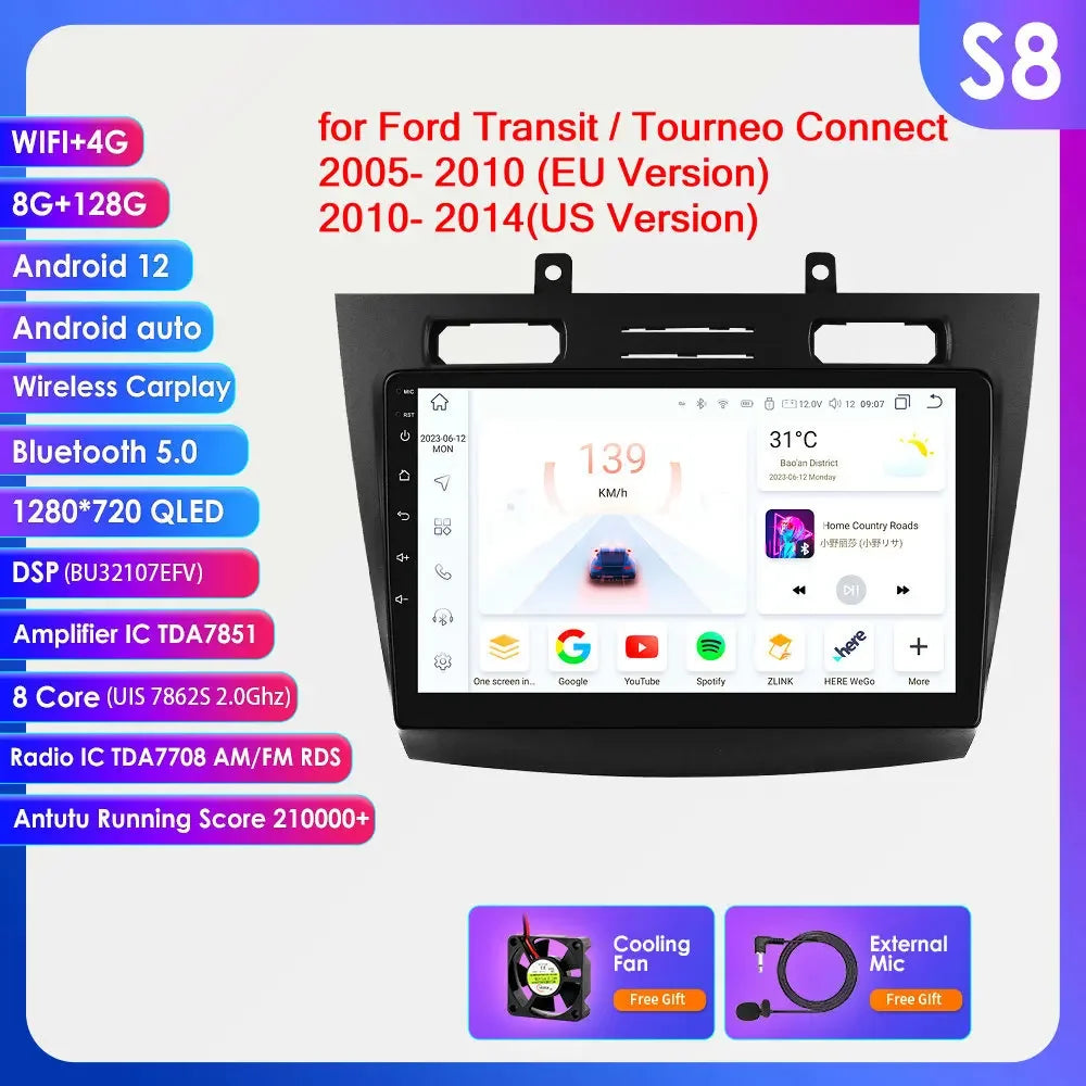 Ford Transit Tourneo Connect  2005 - 2014  9" Android 14 Carplay Android auto wireless wifi bt gps 4g  AUTMC11Z