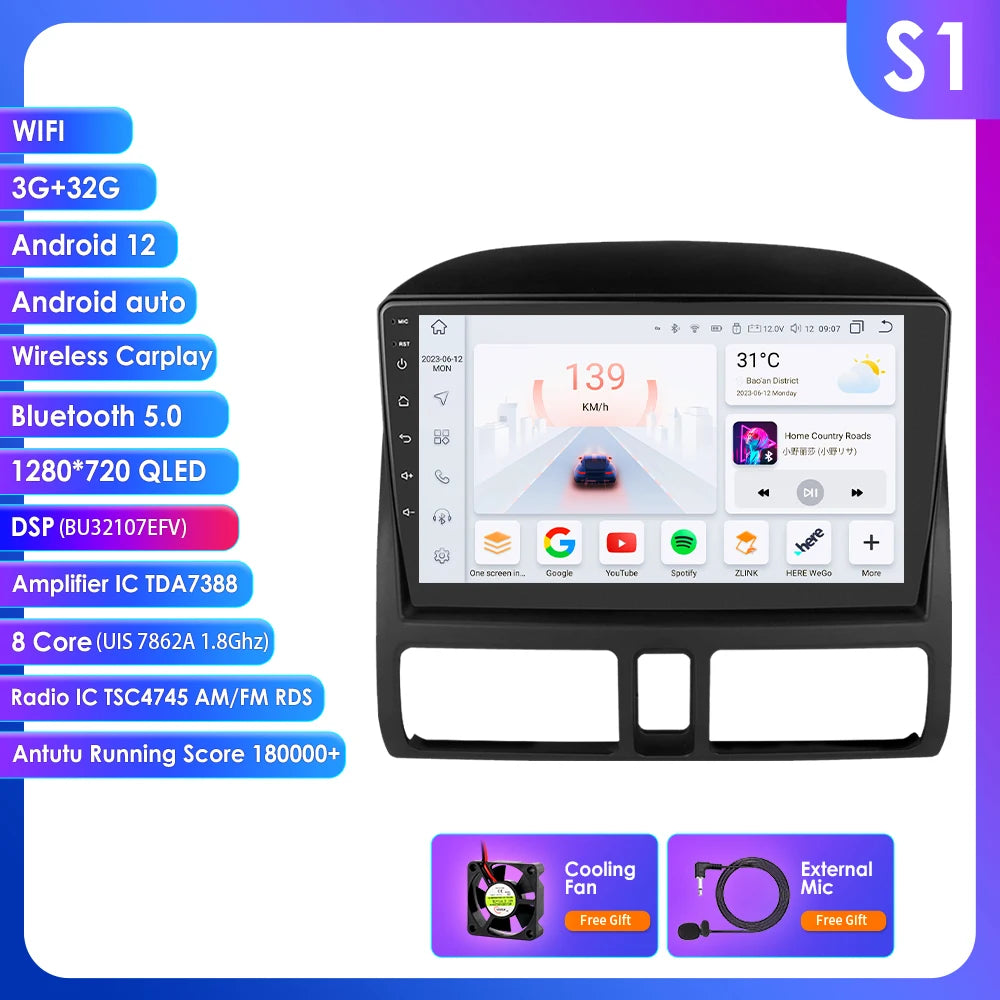 Honda CR-V   2001 - 2006 Android 14 9" Carplay Android auto wireless wifi bt gps 4g RDS AUTMDCRV1