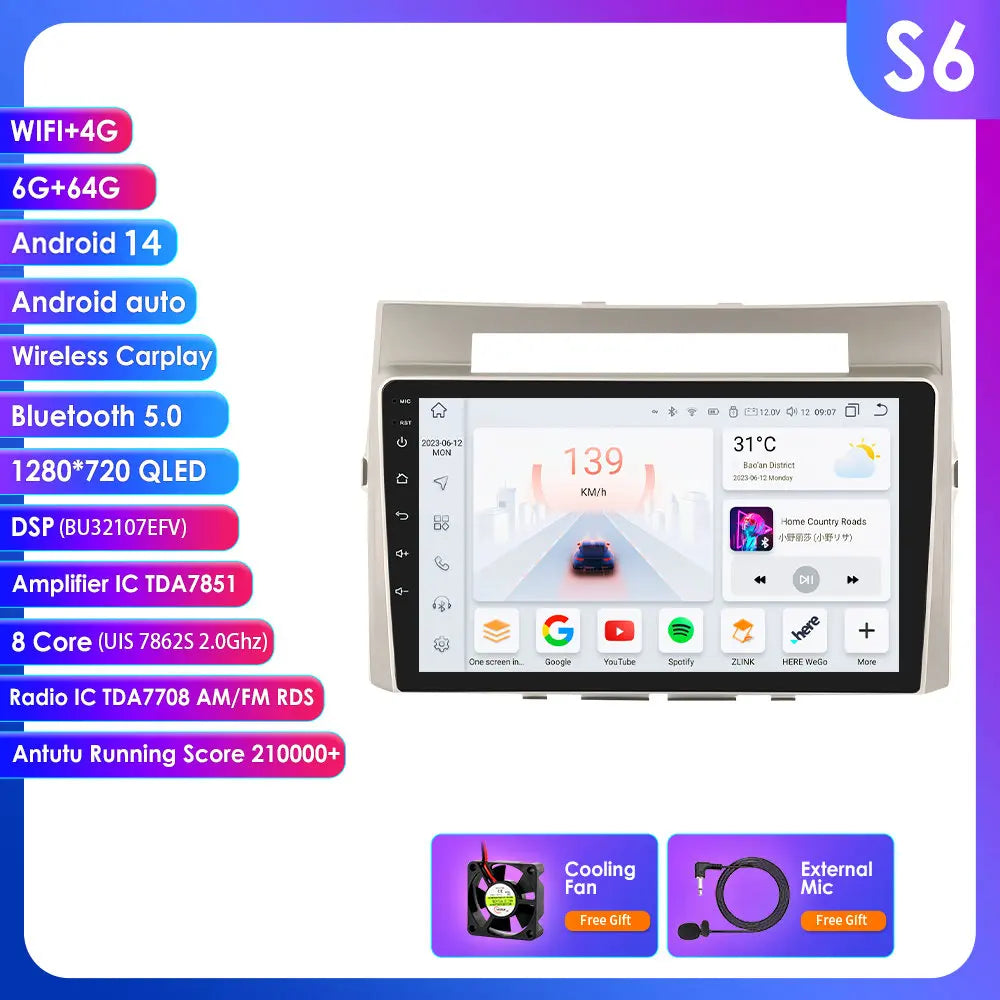 Toyota Corolla Verso AR10 2004-2009 9" Android 14 Carplay Android auto wireless wifi bt gps 4g AUTMLD56J