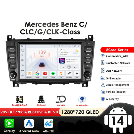 Mercedes Benz C-Class W203/CLC W203 CLK W209 9" Android 14 Carplay Android auto wireless wifi bt gps 4g AUTMENK8