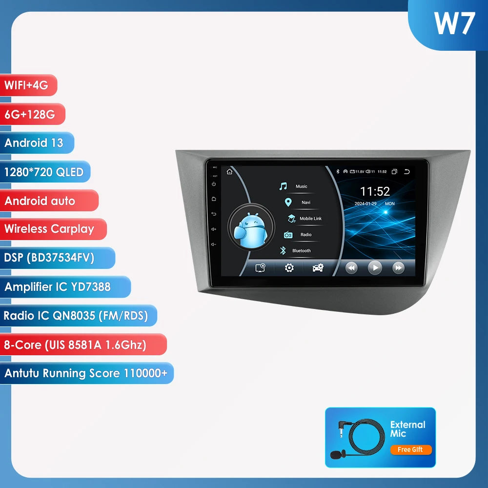 Seat Leon 2 MK2 2005 - 2012 9" Android 14 Carplay Android auto wireless wifi bt gps 4g  AUTMJ9VX