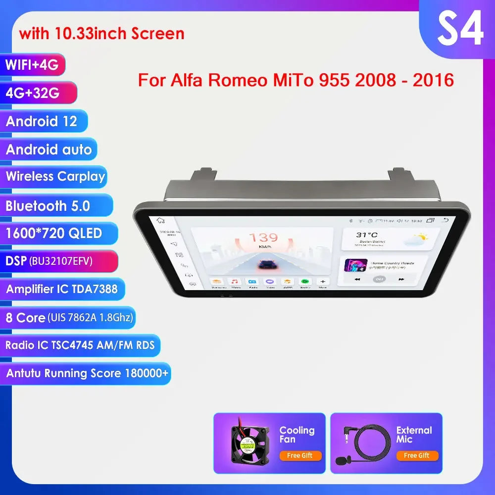 Alfa Romeo MiTo 955 2008-2016 9" Android 14 Carplay Android auto wireless wifi bt gps 4g AUTM5QGH