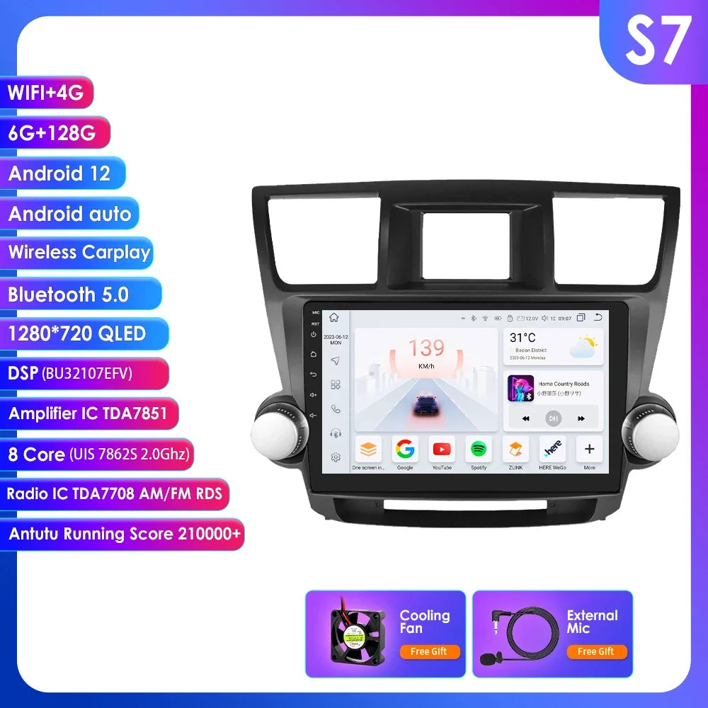 Toyota Highlander Kluger 2 XU40 2007 - 2013  9" Android 14 Carplay Android auto wireless wifi bt gps 4g   AUTMHIGTY