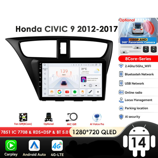 Honda Civic 9 FK FB 2012 - 2017 9" Android 14 Carplay Android auto wireless wifi bt gps 4g AUTMSGOW