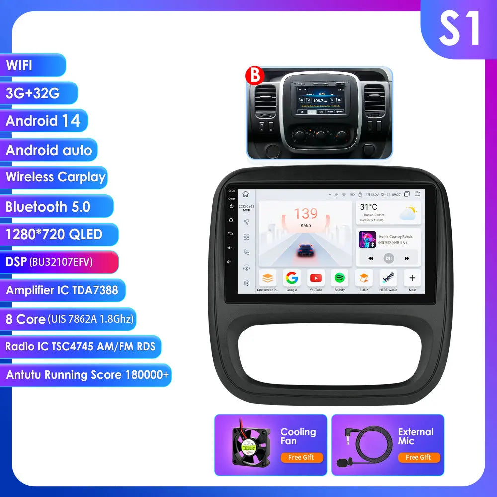 Renault Trafic 3 / Opel Vivaro B 2014-2021 9" 10.33''  9" Android 14 Carplay Android auto wireless wifi bt gps 4g AUTMUYH9