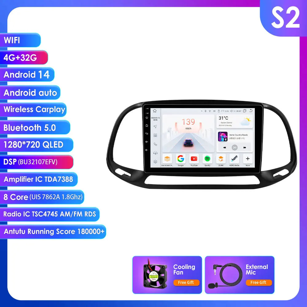 Fiat Doblo 2015-2019  9''/ 10.33''  Android 14 Carplay Android auto wireless wifi bt gps 4g AUTMKO9J