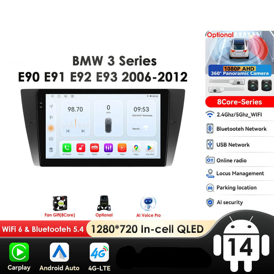 BMW 3 Series E90 E91 E92 E93 2005-2012 9" Android 14 Carplay Android auto wireless wifi bt gps 4g AUTMRSG5