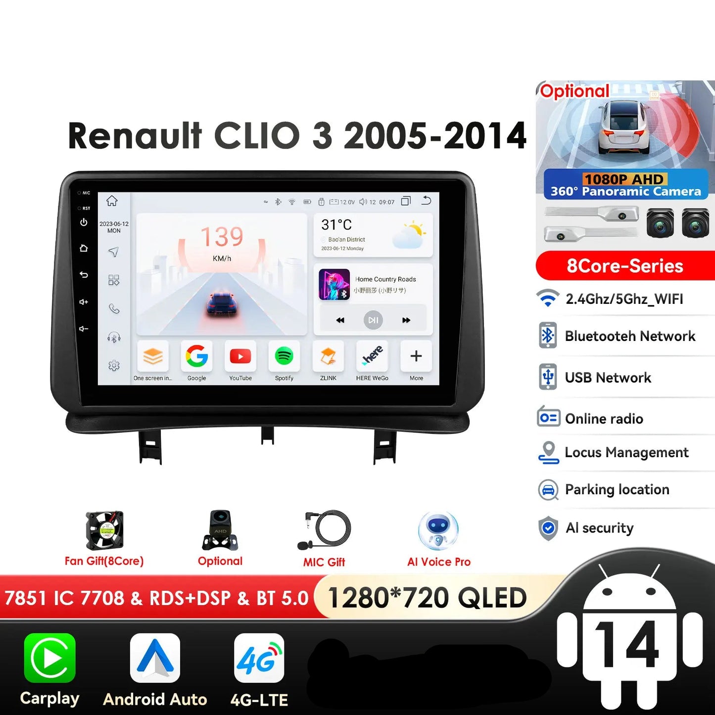 Renault CLIO 3 2005-2014 9" Android 14 Carplay Android auto wireless wifi bt gps 4g  AUTMZ8RB