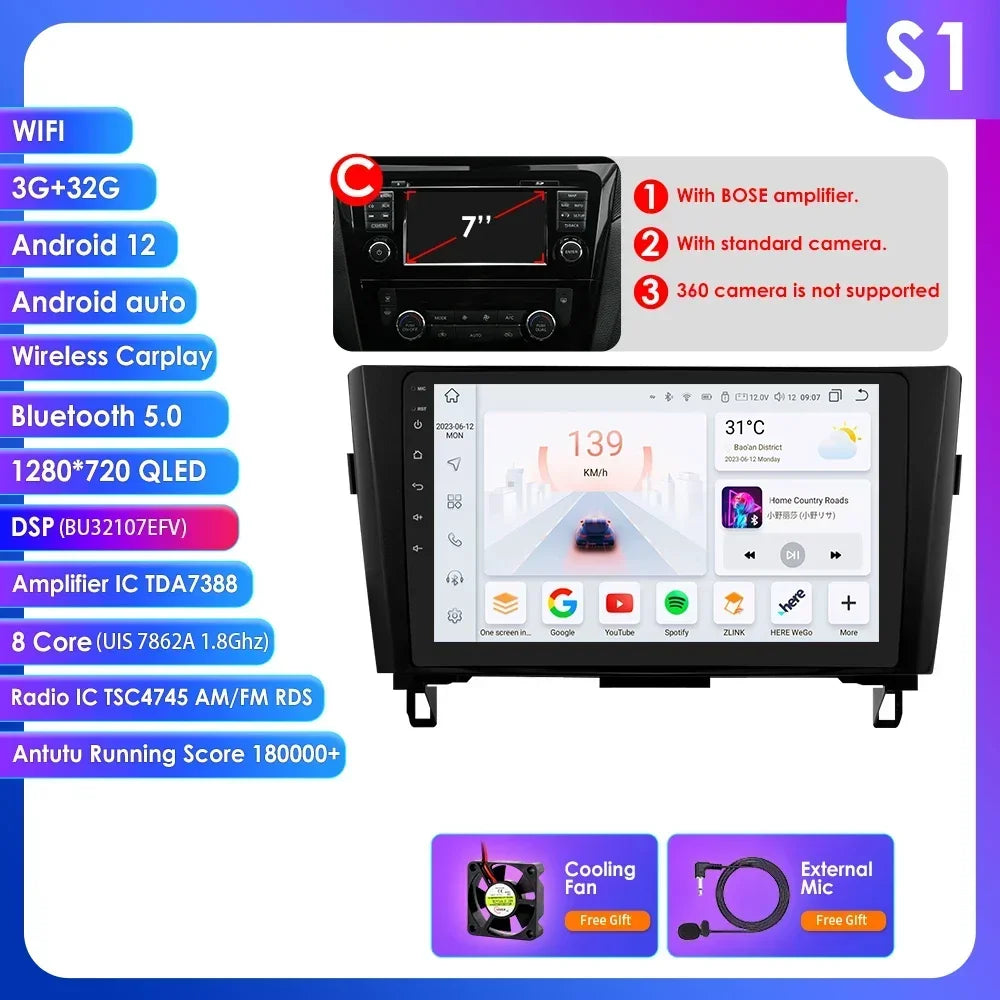 Nissan X-Trail Xtrail X Trail 3 T32 Qashqai 2 J11 2014-2018  10" Android 14 Carplay Android auto wireless wifi bt gps 4g AUTMSINJ11