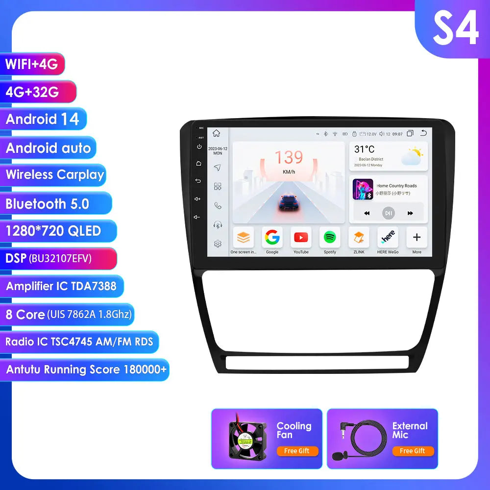 Skoda Octavia 2 A5 2008- 2013   10,1" / 10,33" Android 14 Carplay Android auto wireless wifi bt gps 4g  AUTM7NCO
