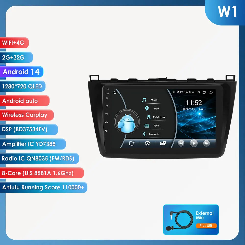 Mazda 6 2007 - 2012 9" Android 14 Carplay Android auto wireless wifi bt gps 4g AUTMJSBD
