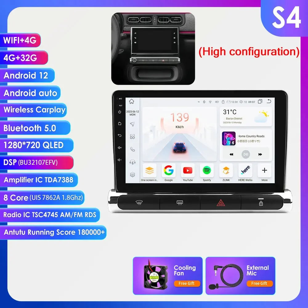 Citroen C3 C4 Aircorss  2017 - 2023 9" ANDROID 12 Carplay Android auto wireless radio RDS WIFI GPS BT USB AUTMCTRC349