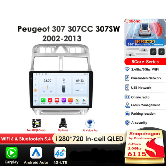 Peugeot 307 SW 307CC 307SW 2002 - 2013 9" Android 14 Carplay Android auto wireless wifi bt gps 4g AUTMRUTY