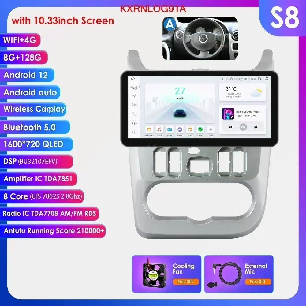 Dacia Logan I Sandero 2009-2015 9" Android 14 Carplay Android auto wireless wifi bt gps 4g  AUTMVG9Z