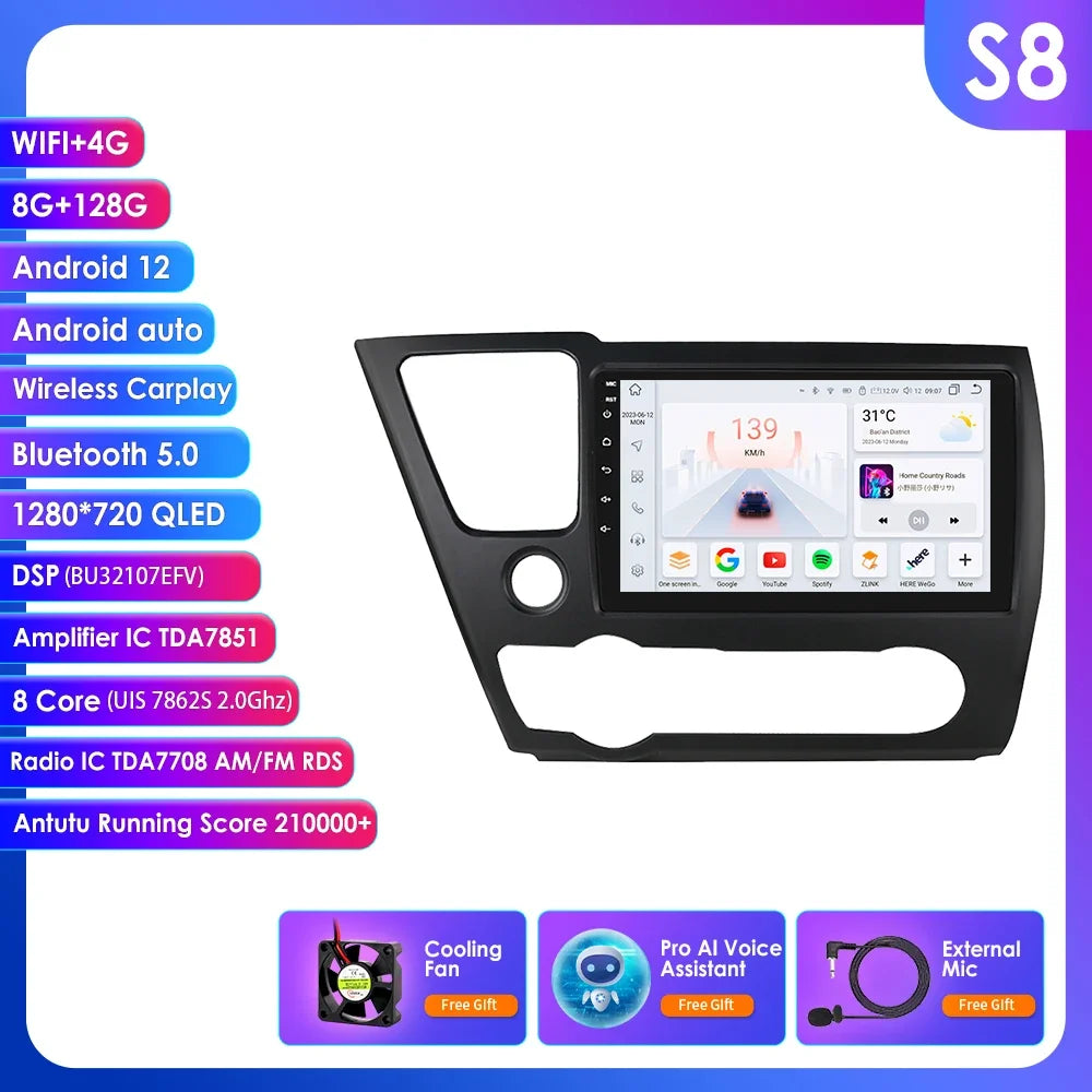 Honda Civic 2013-2016 9" Android 14 Carplay Android auto wireless wifi bt gps 4g AUTMCTVR7