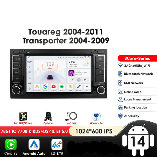 Volkswagen Transporter Touareg 2004-2009 7" Android 14 Carplay Android auto wireless wifi bt gps 4g AUTMZWMR