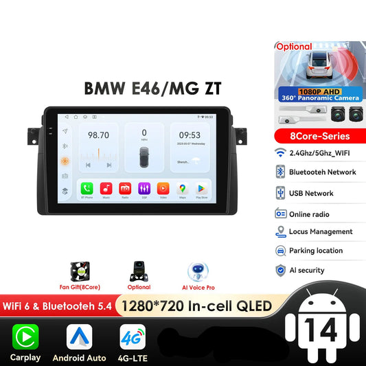 BMW E46 M3 X5 1998-2006 Rover 75 Coupe 9" Android 14 Carplay Android auto wireless wifi bt gps 4g  AUTM550L