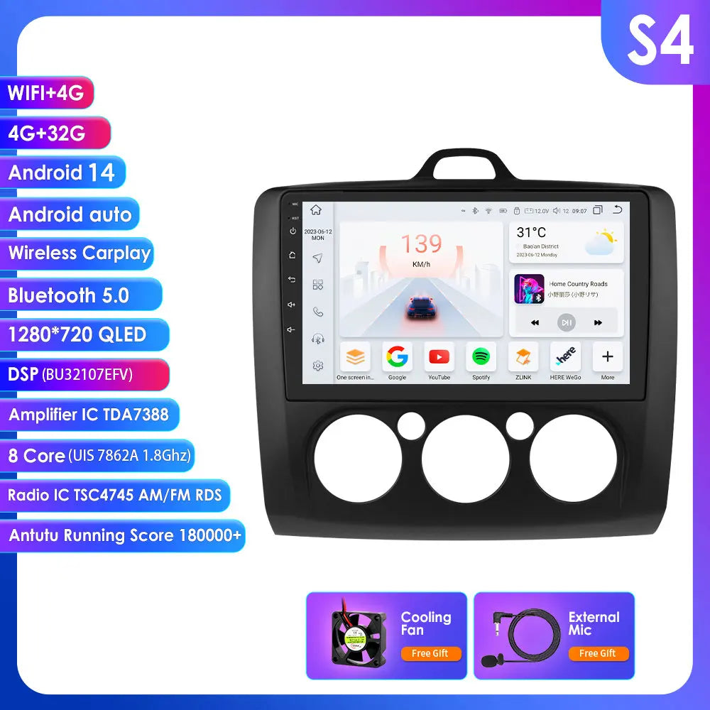Ford Focus 2 3 Mk2 Mk3 2004-2011 9" Android 14 Carplay Android auto wireless wifi bt gps 4g  AUTMG5XX