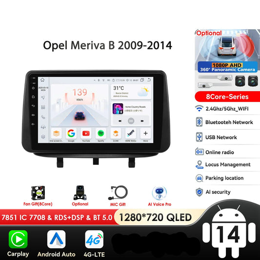Opel Meriva B 2009-2014 9" Android 14 Carplay Android auto wireless wifi bt gps 4g  AUTMJY5X