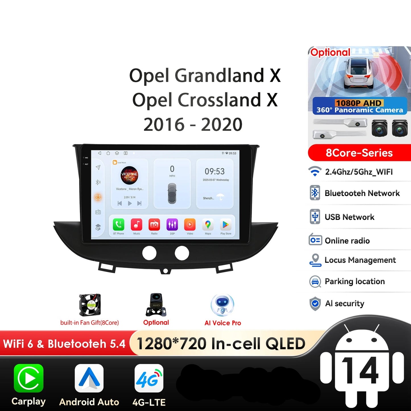 Opel Grandland X Crossland X 2016 - 2020  9" Android 14 Carplay Android auto wireless wifi bt gps 4g  AUTM0DD7