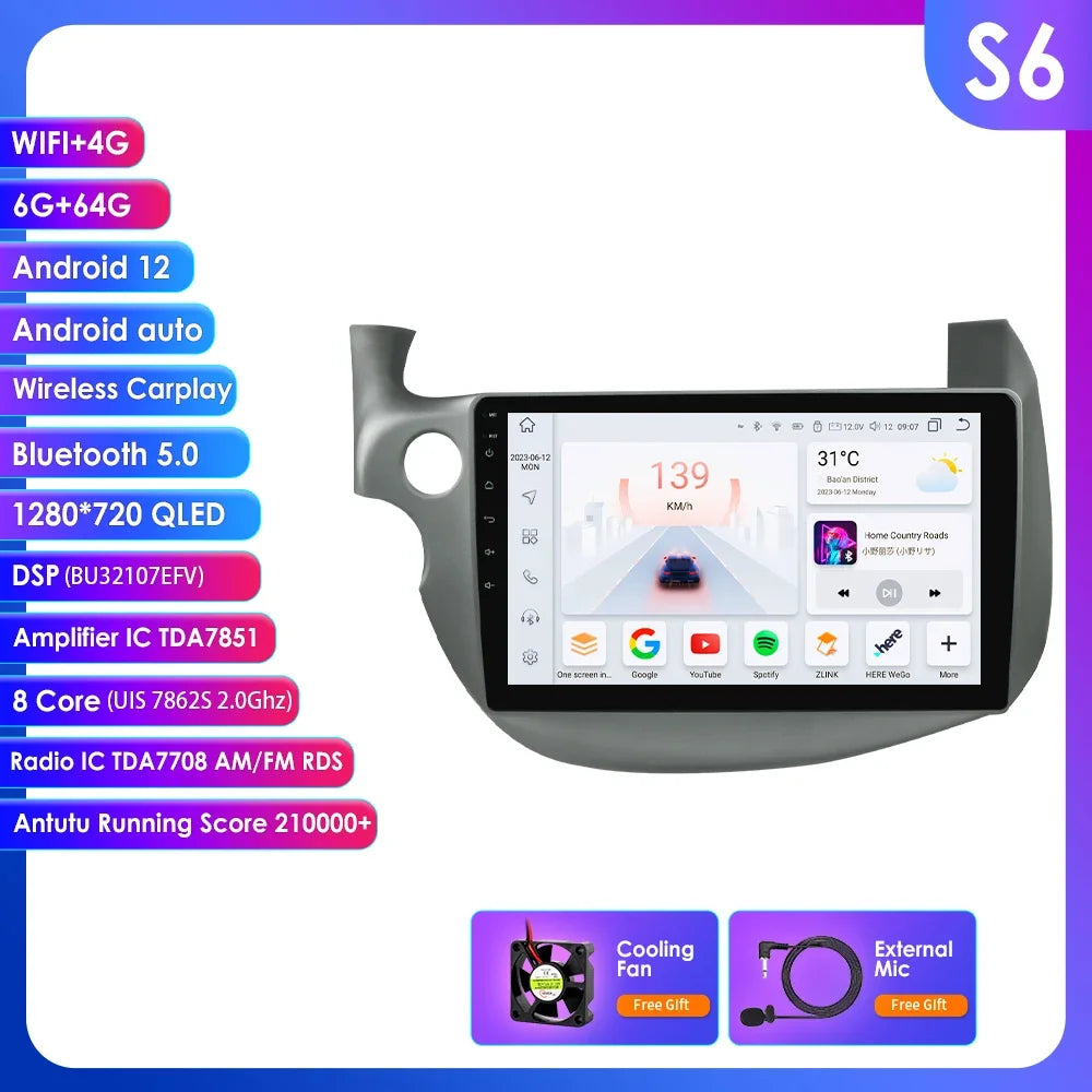 HONDA FIT JAZZ 2007-2013 9" Android 14 Carplay Android auto wireless wifi bt gps 4g  AUTMJZFHD