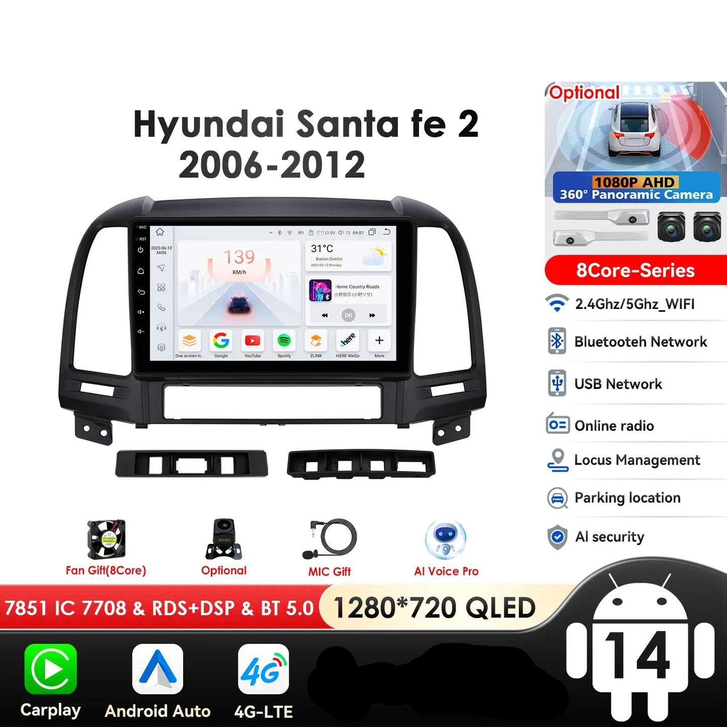Hyundai Santa Fe 2 2006 - 2012 9" Android 14 Carplay Android auto wireless wifi bt gps 4g  AUTMC8Y7