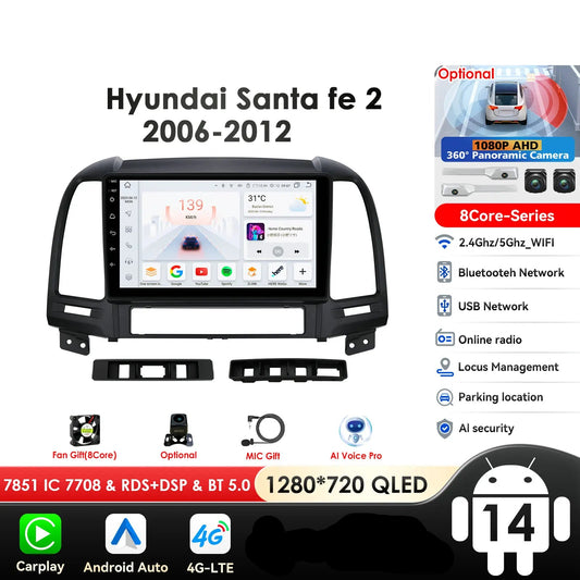 Hyundai Santa Fe 2 2006 - 2012 9" Android 14 Carplay Android auto wireless wifi bt gps 4g  AUTMC8Y7