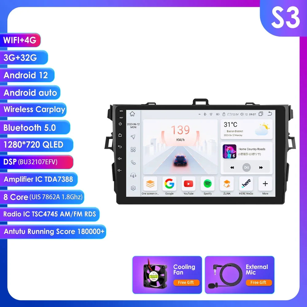 Toyota Corolla E140/150 2007 - 2011 9" Android 14 Carplay Android auto wireless wifi bt gps 4g   AUTMCRLTY