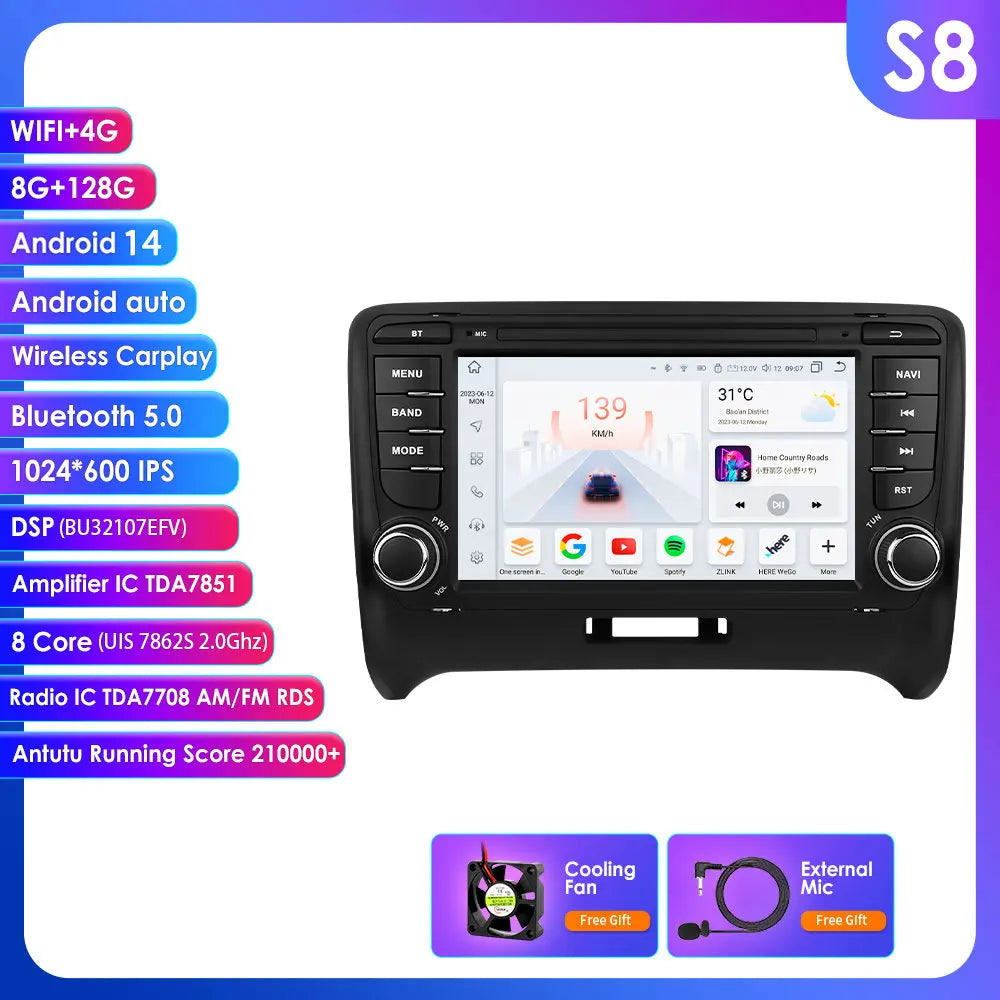 AUDI TT MK2 8J 2006 -2014 7" Android 14 Carplay Android auto wireless wifi bt gps 4g  AUTM9BCX