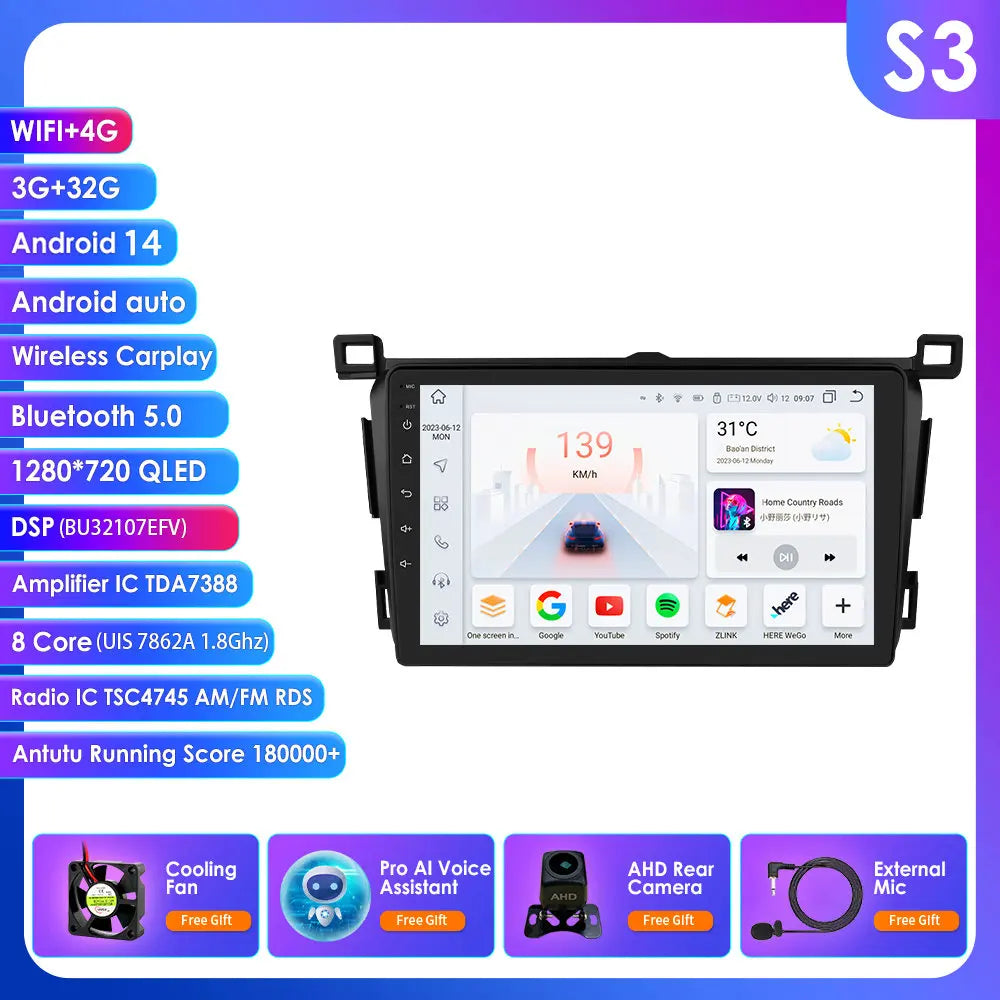 Toyota RAV4 Rav 4 2013-2018 9" Android 14 Carplay Android auto wireless wifi bt gps 4g  AUTM4VARTY