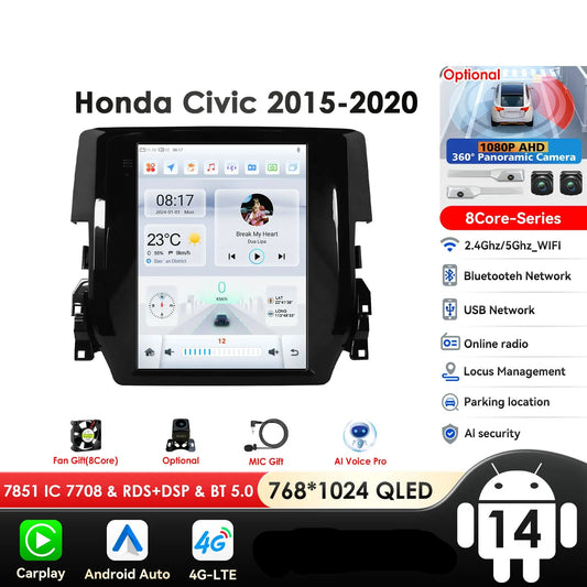 Honda Civic 2015-2020 9.7" Android 14 Carplay Android auto wireless wifi bt gps 4g AUTMCVCH3