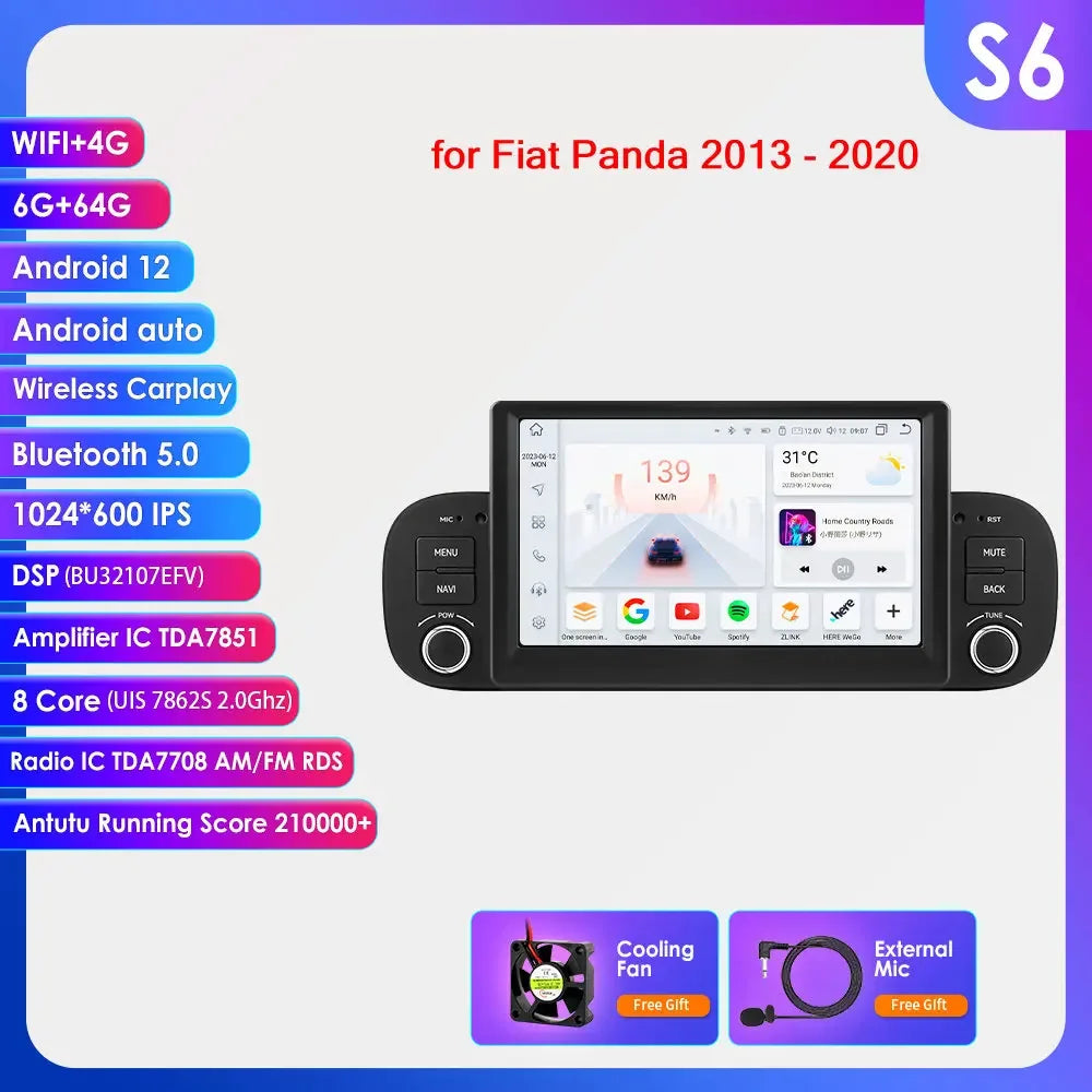 Fiat Panda 2013 - 2020 7" Android 14 Carplay Android auto wireless wifi bt gps 4g AUTMZWUS
