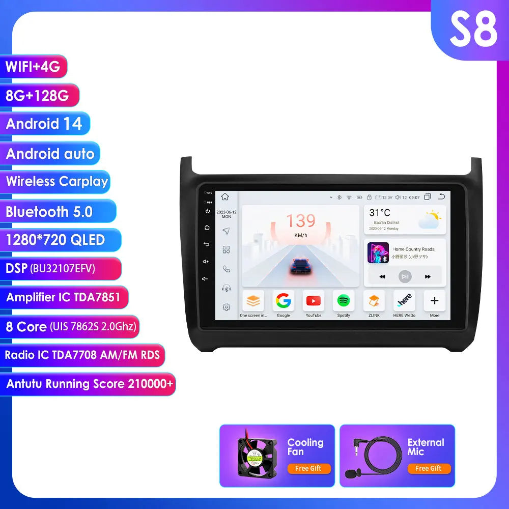 Volkswagen Polo 5 2009-2020 9" Android 14 Carplay Android auto wireless wifi bt gps 4g AUTMWHJD