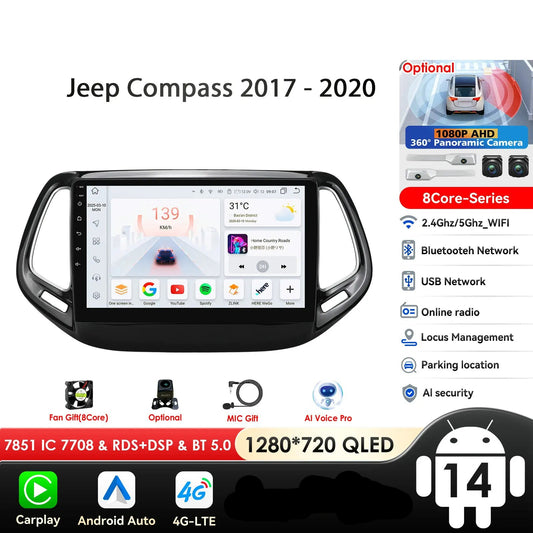 Jeep Compass 2017 -2020 10" Android 14 Carplay Android auto wireless wifi bt gps 4g AUTM4RUA